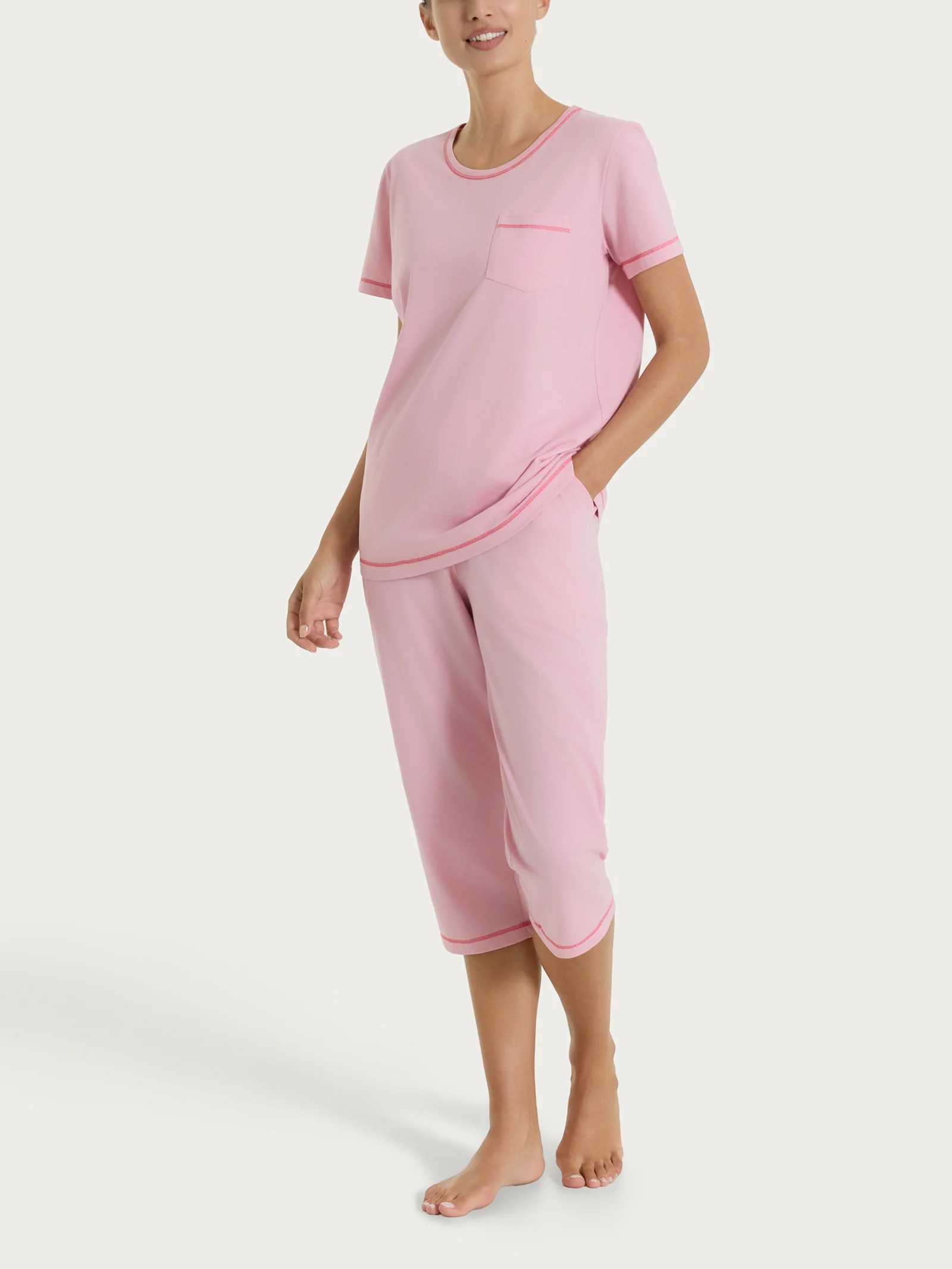 Pigiama tinta unita a pinocchietto in Jersey di Cotone - Cameo Pink - Image 2