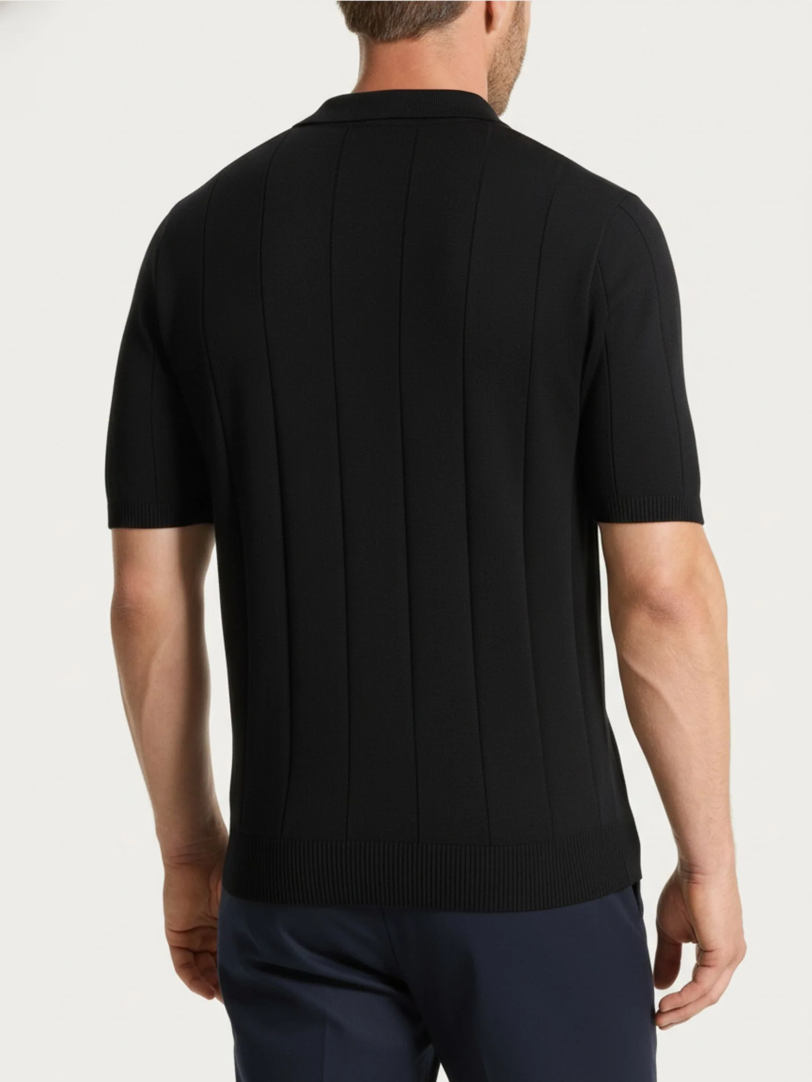 Polo con manica corta a costa piatta in Puro Cotone - Nero - Image 2
