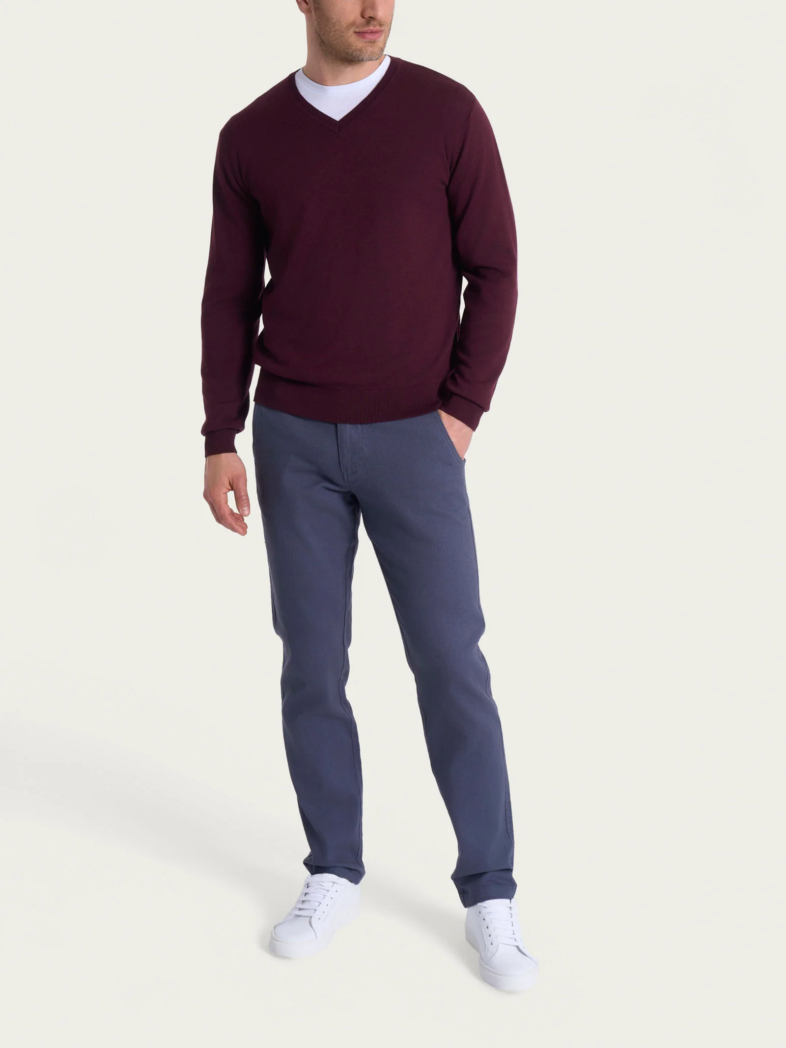 Pull con scollo a V in maglia unita in Merino Soft - Fig - Image 4
