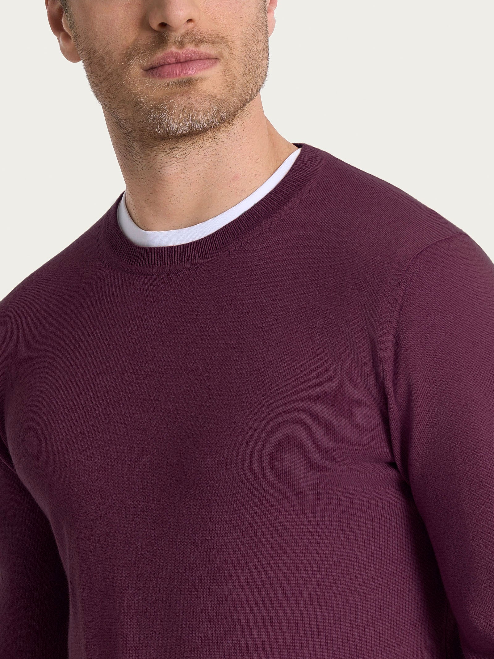 Pull girocollo a maglia unita in Merino Soft - Fig - Image 3
