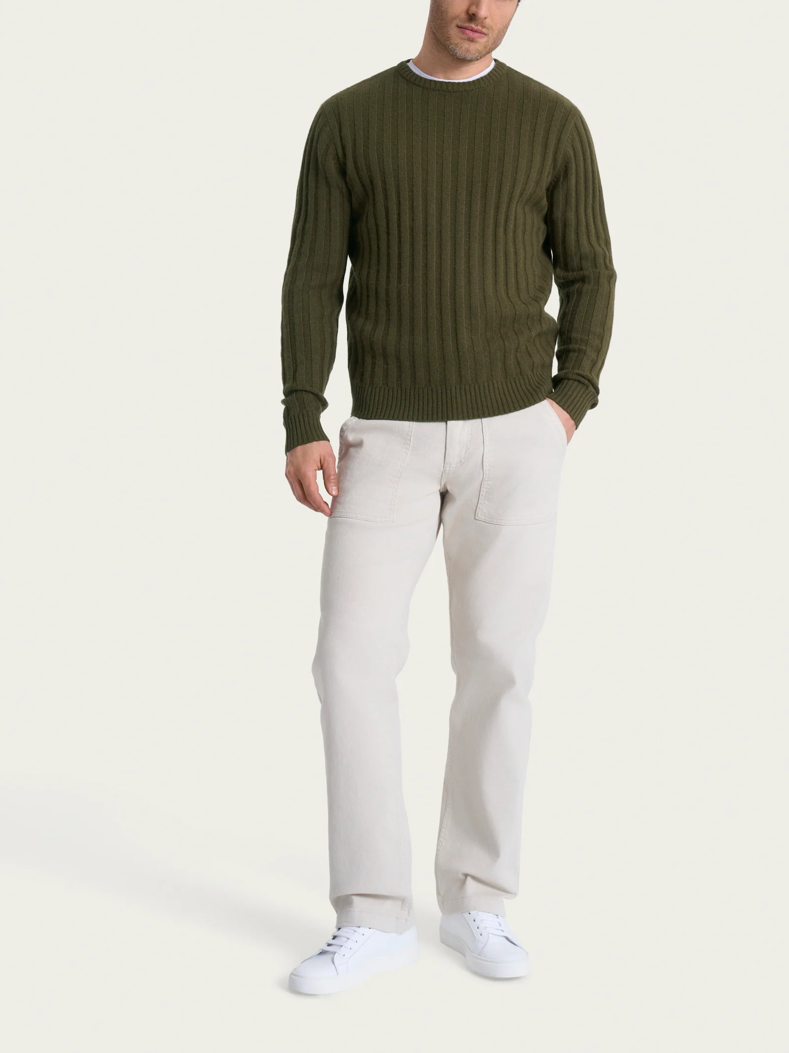 Pull girocollo con costa piatta in Natural Soft  - Dark Olive - Image 4