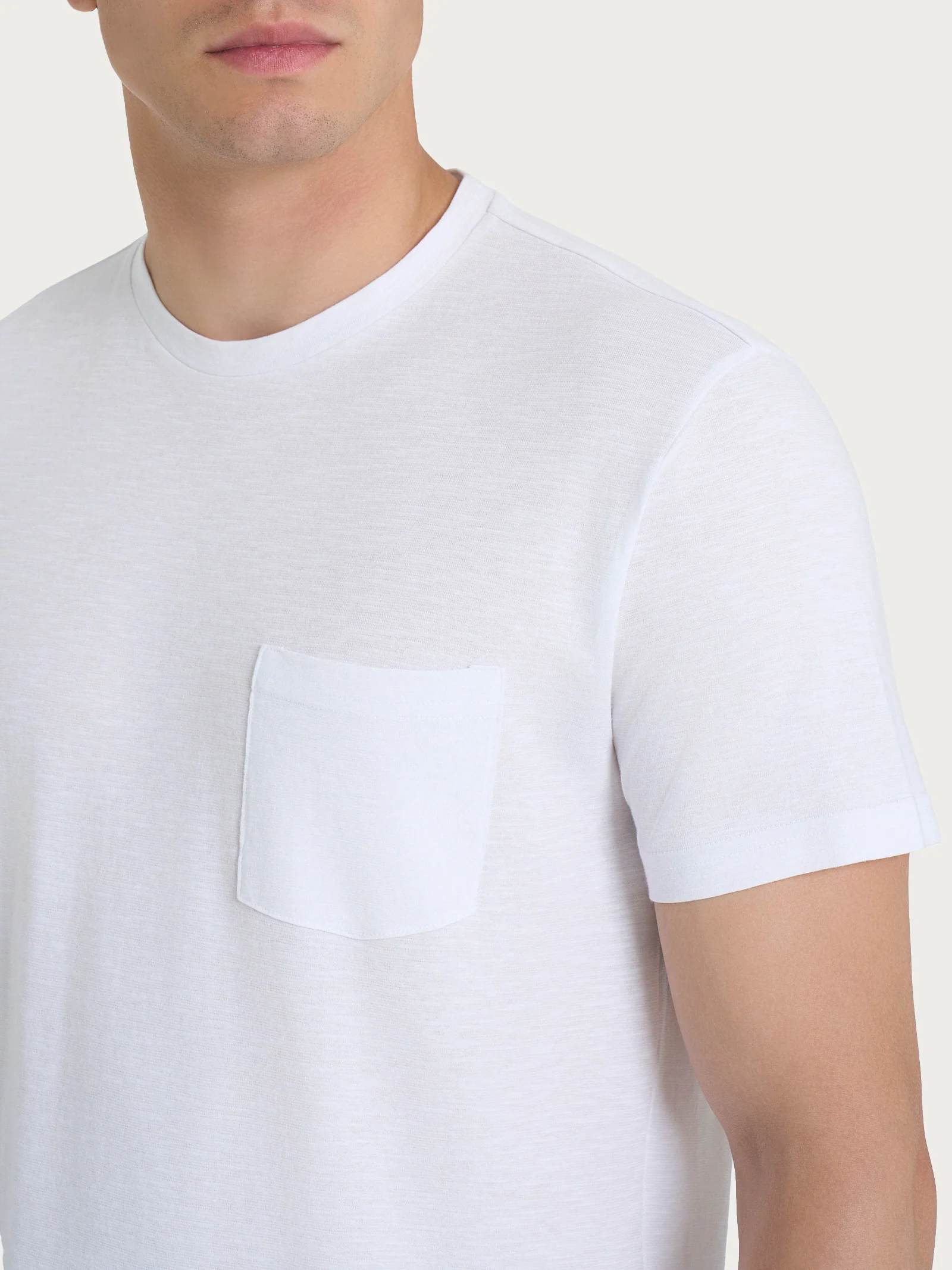T-shirt girocollo con taschino in slub jersey di cotone - Bianco - Image 3