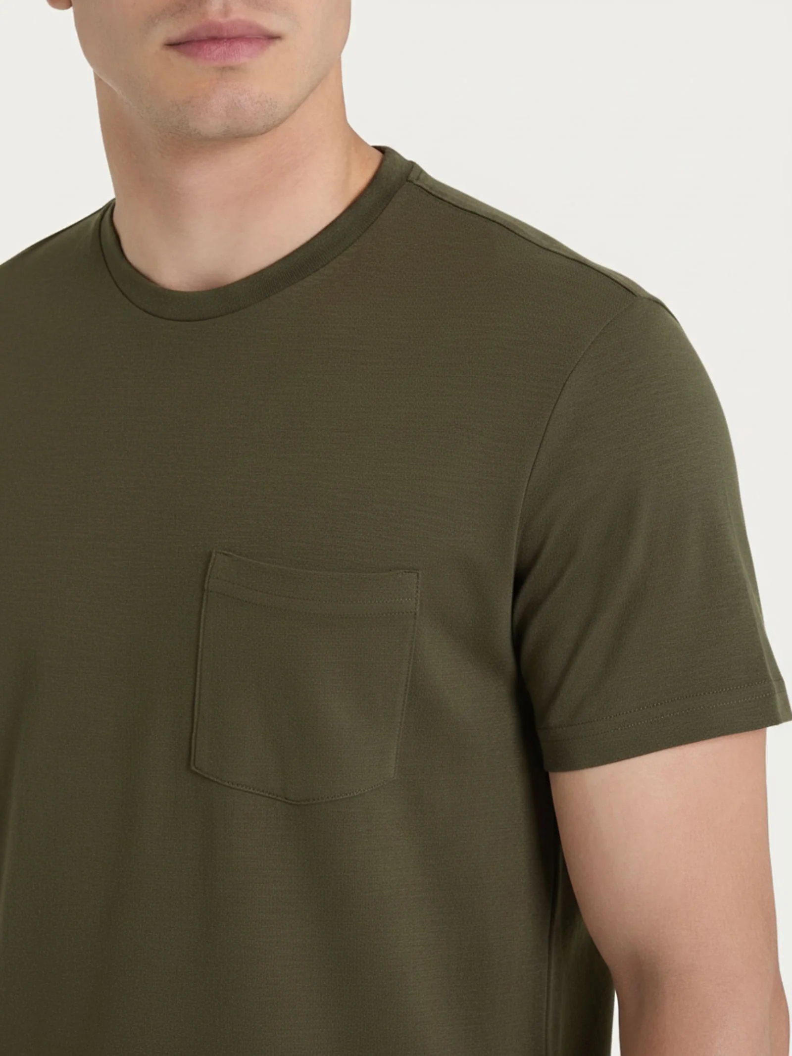 T-shirt girocollo con taschino in slub jersey di cotone - Dark Olive - Image 3