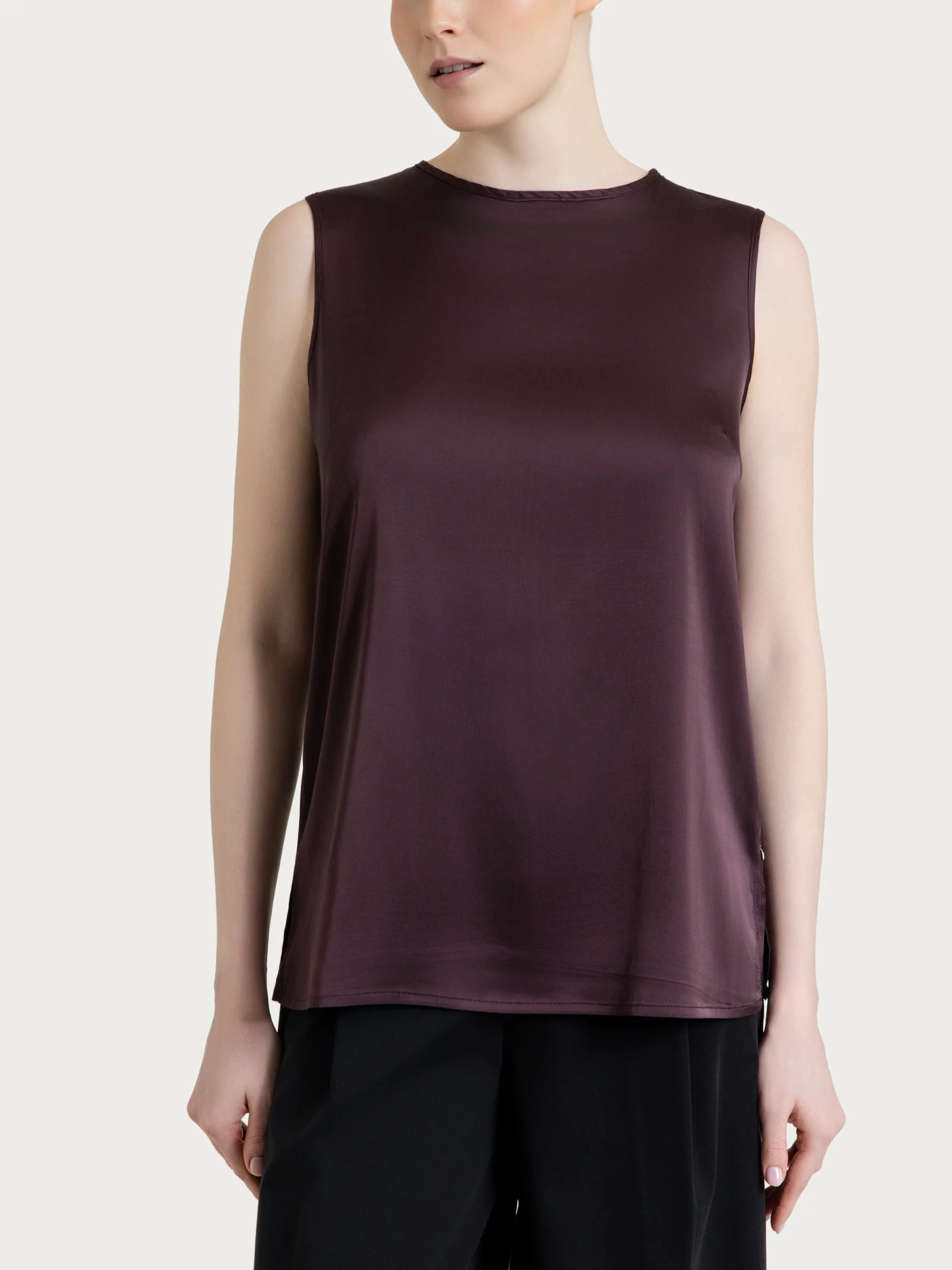 Top con spalla larga in Stretch Satin - Plum Truffle