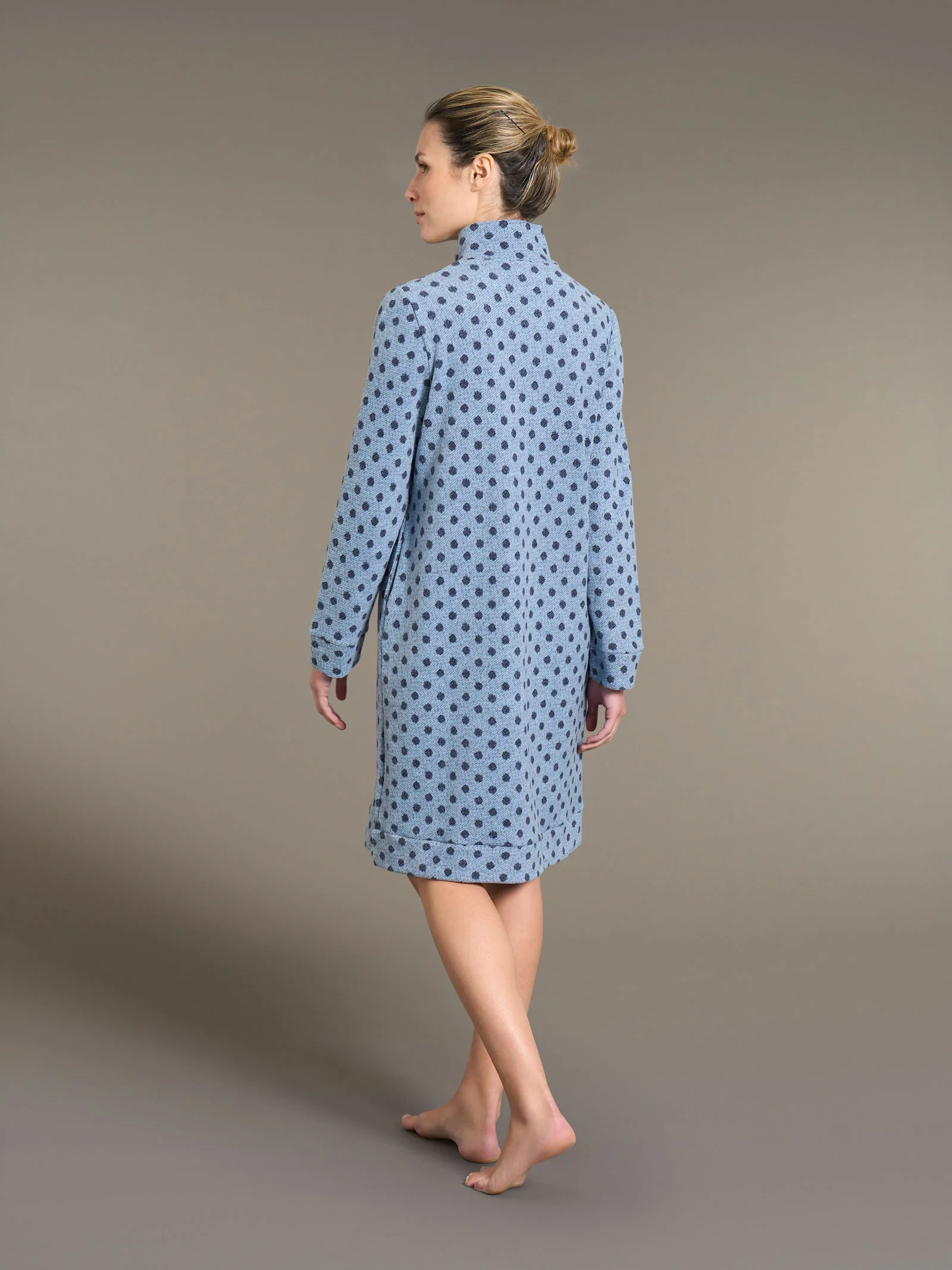 Vestaglia aperta con collo alto a pois in Cotton Eco Pile - Fant.Delave' Mel. - Image 2