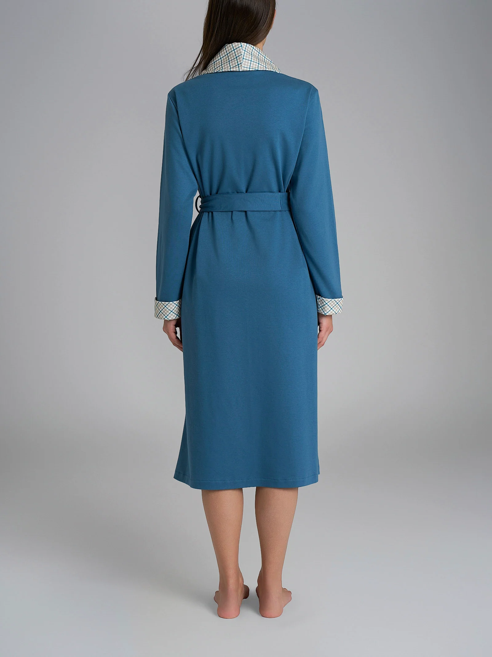 Vestaglia con cintura in Interlock di cotone - Fant. Real Teal Tartan - Image 2