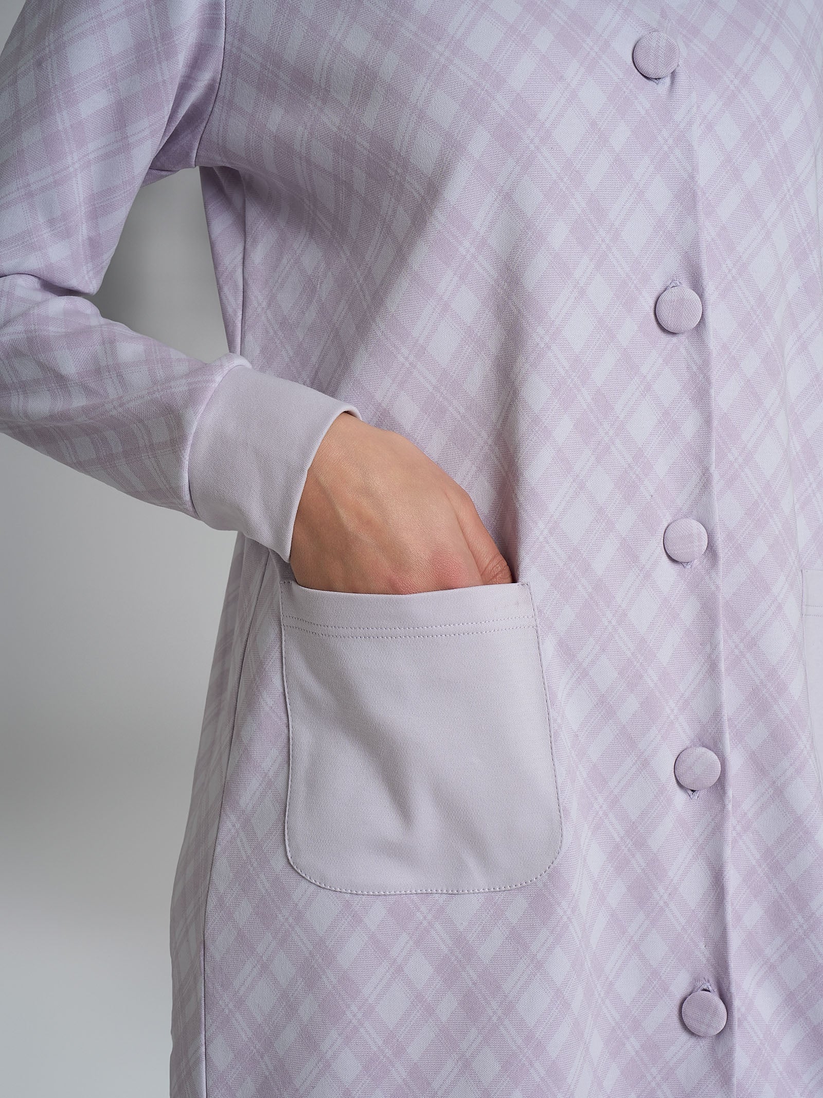 Vestaglia tartan aperta con collo alto in Interlock di cotone - Fant. Lavender Blue - Image 3