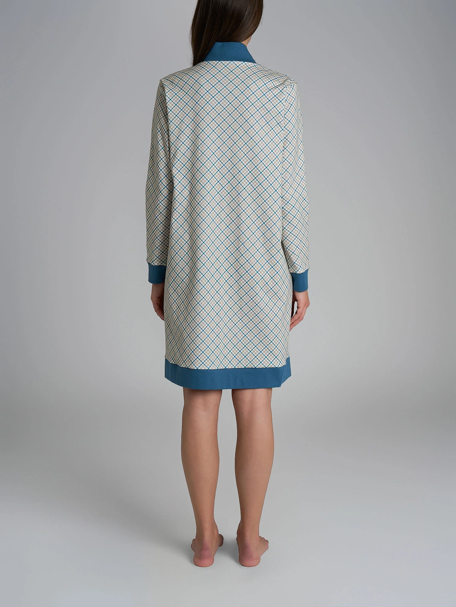 Vestaglia tartan aperta con collo alto in Interlock di cotone - Fant. Real Teal Tartan - Image 2