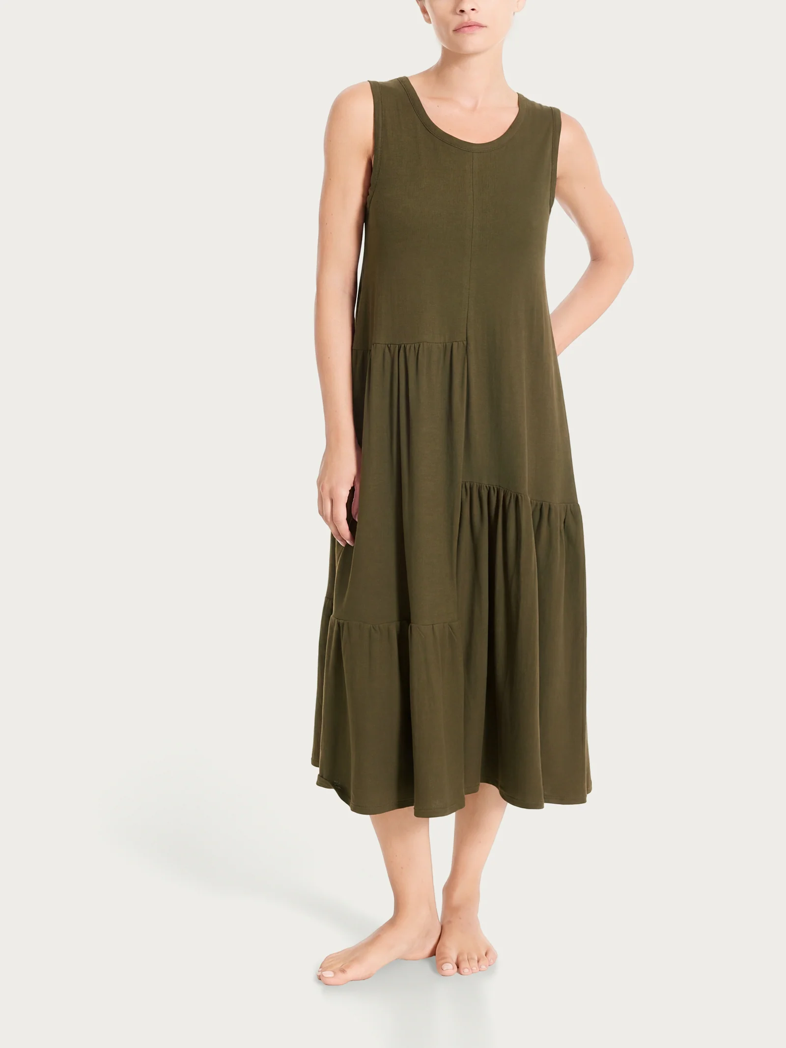 Vestito lungo con balze asimmetriche in Slub Jersey di Cotone - Dark Olive - Image 2