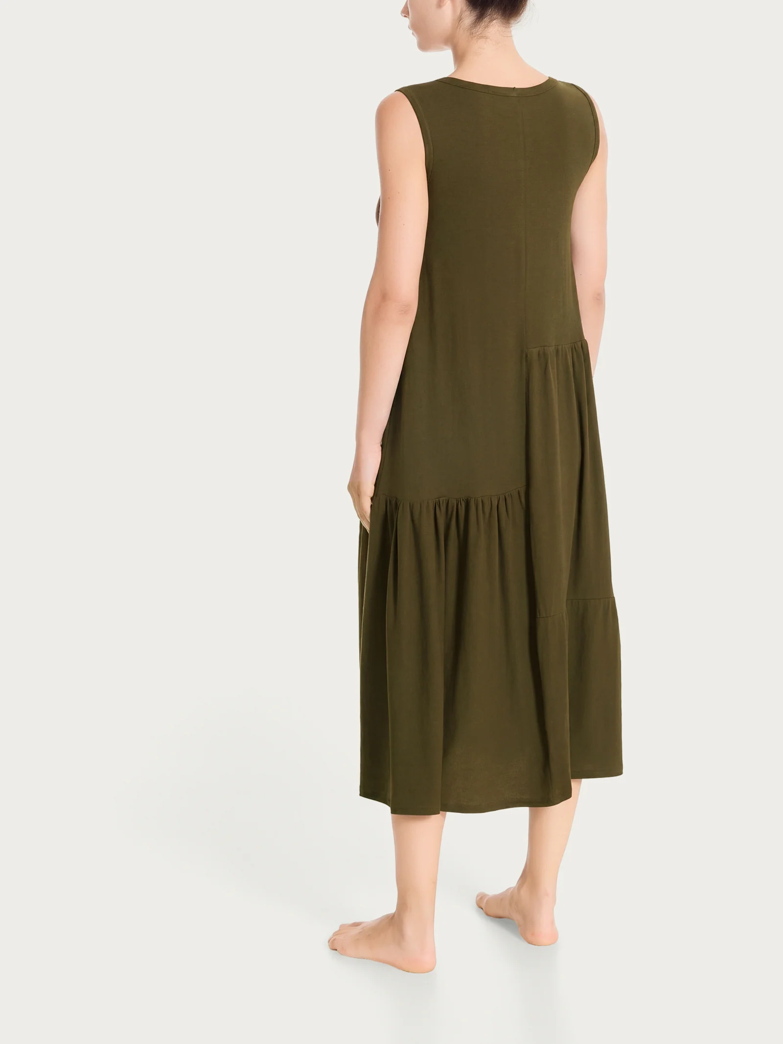 Vestito lungo con balze asimmetriche in Slub Jersey di Cotone - Dark Olive - Image 3